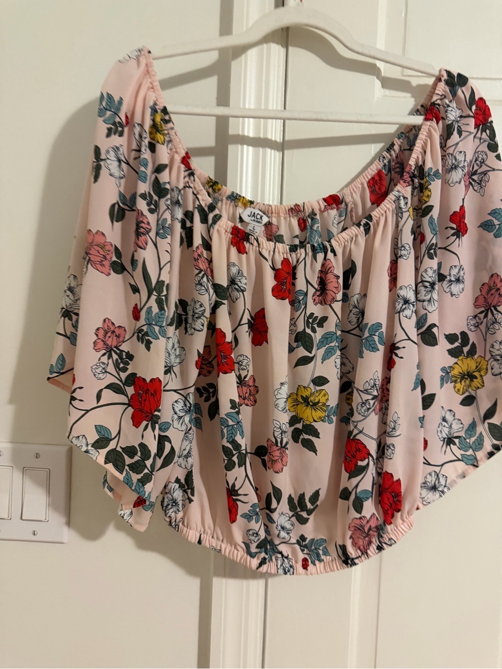 BB Dakota Pink Floral Off-Shoulder Crop Top with Multicolor Blooms